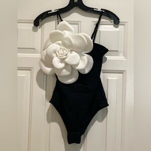 Black swimsuit with White Floral flower